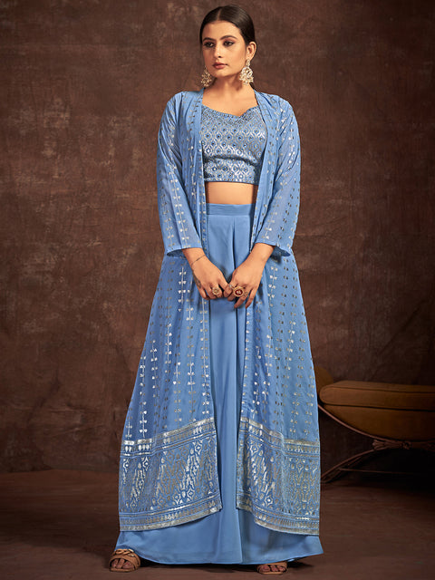 Blue Georgette Stitched Sequins Indo Western Clothsvilla Main image