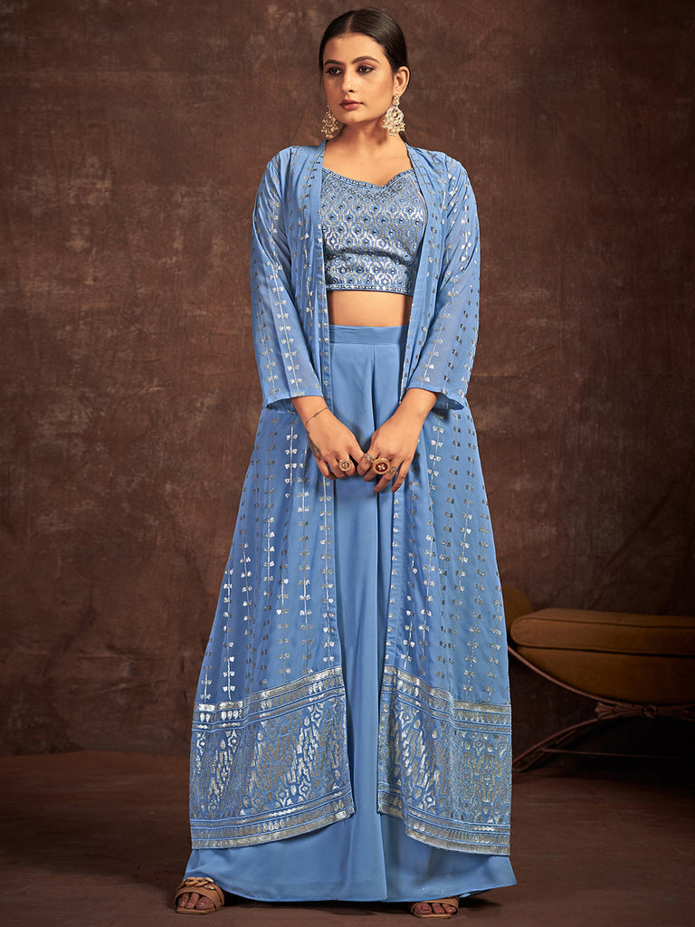 Blue Georgette Stitched Sequins Indo Western Clothsvilla