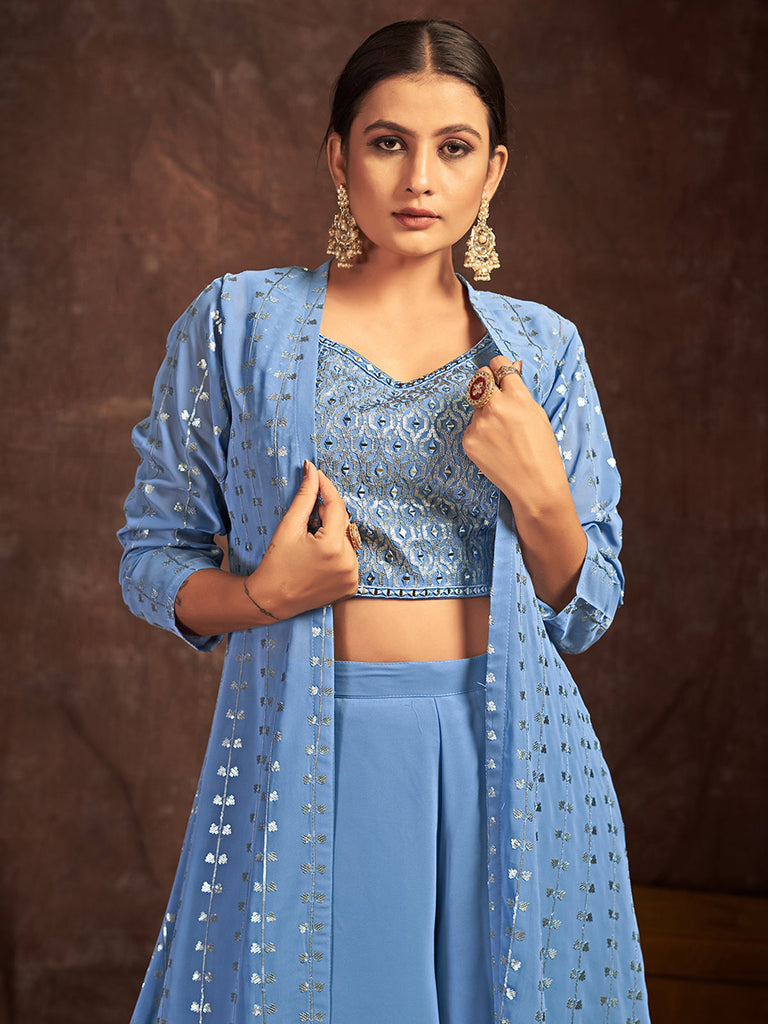 Blue Georgette Stitched Sequins Indo Western Clothsvilla