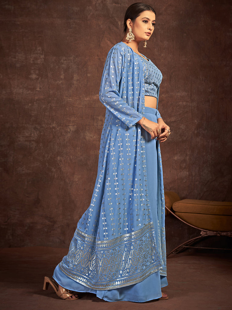 Blue Georgette Stitched Sequins Indo Western Clothsvilla
