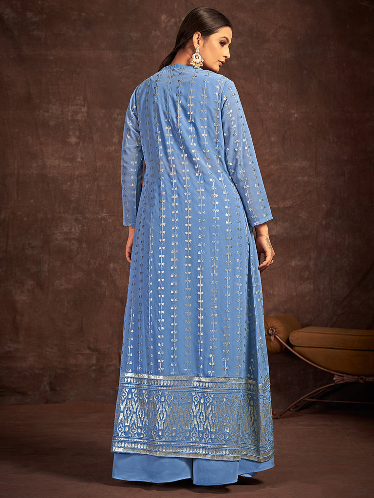 Blue Georgette Stitched Sequins Indo Western Clothsvilla