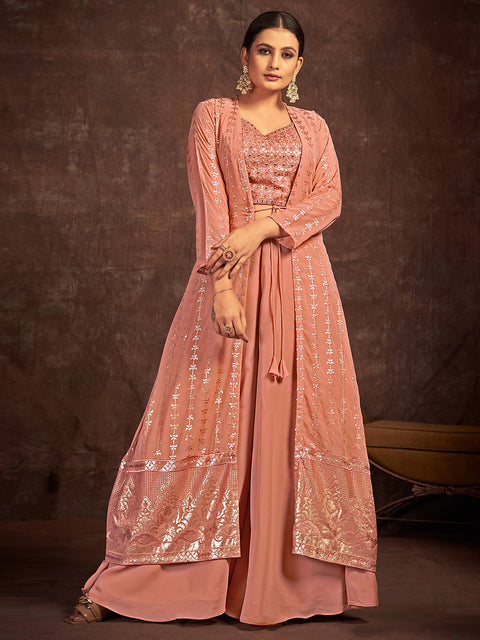 Peach Georgette Stitched Sequins Indo Western Clothsvilla Main image