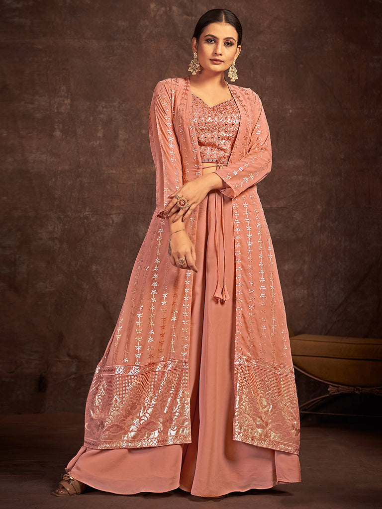 Peach Georgette Stitched Sequins Indo Western Clothsvilla