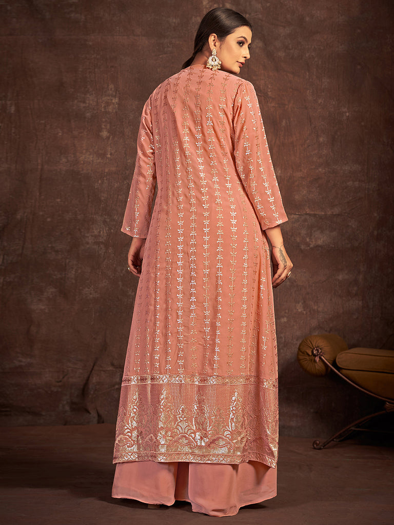 Peach Georgette Stitched Sequins Indo Western Clothsvilla