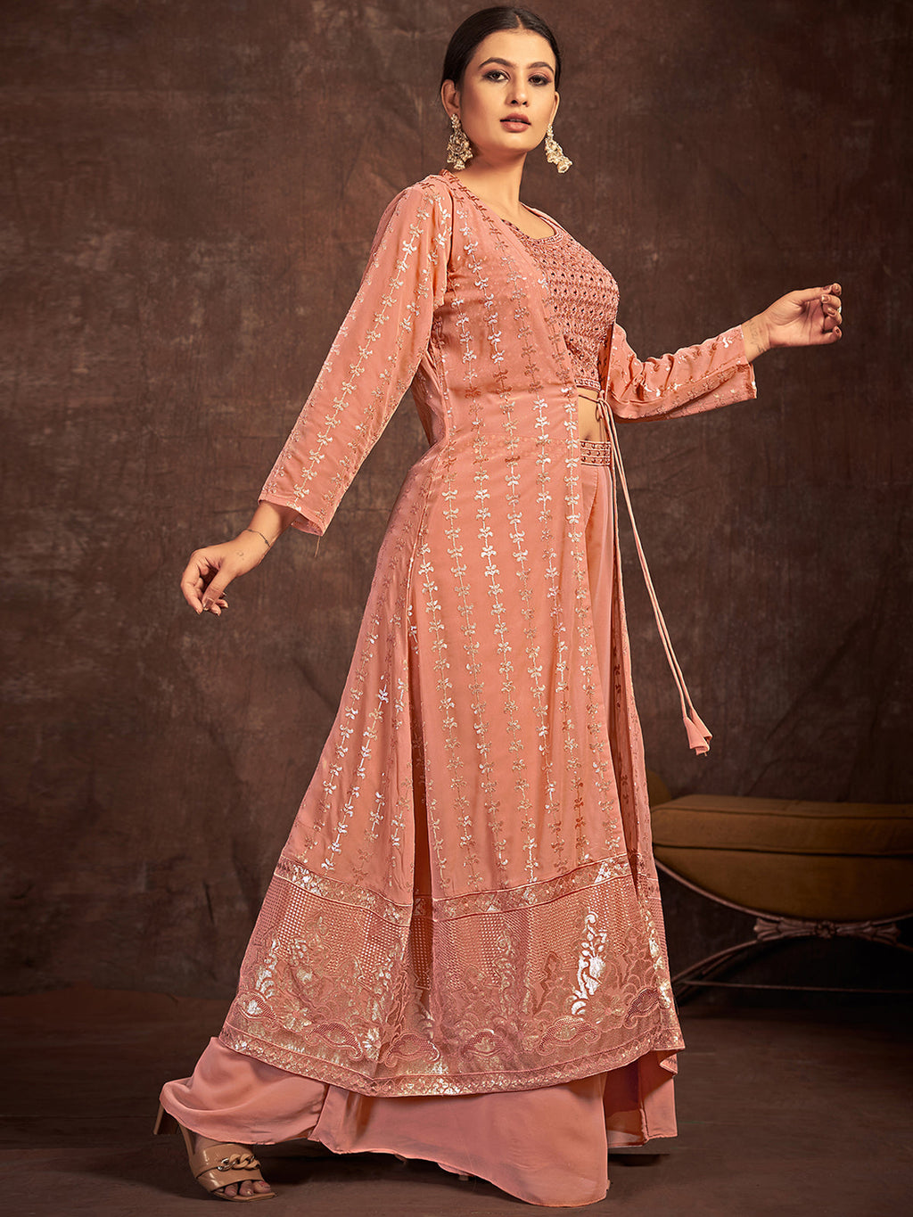 Peach Georgette Stitched Sequins Indo Western Clothsvilla