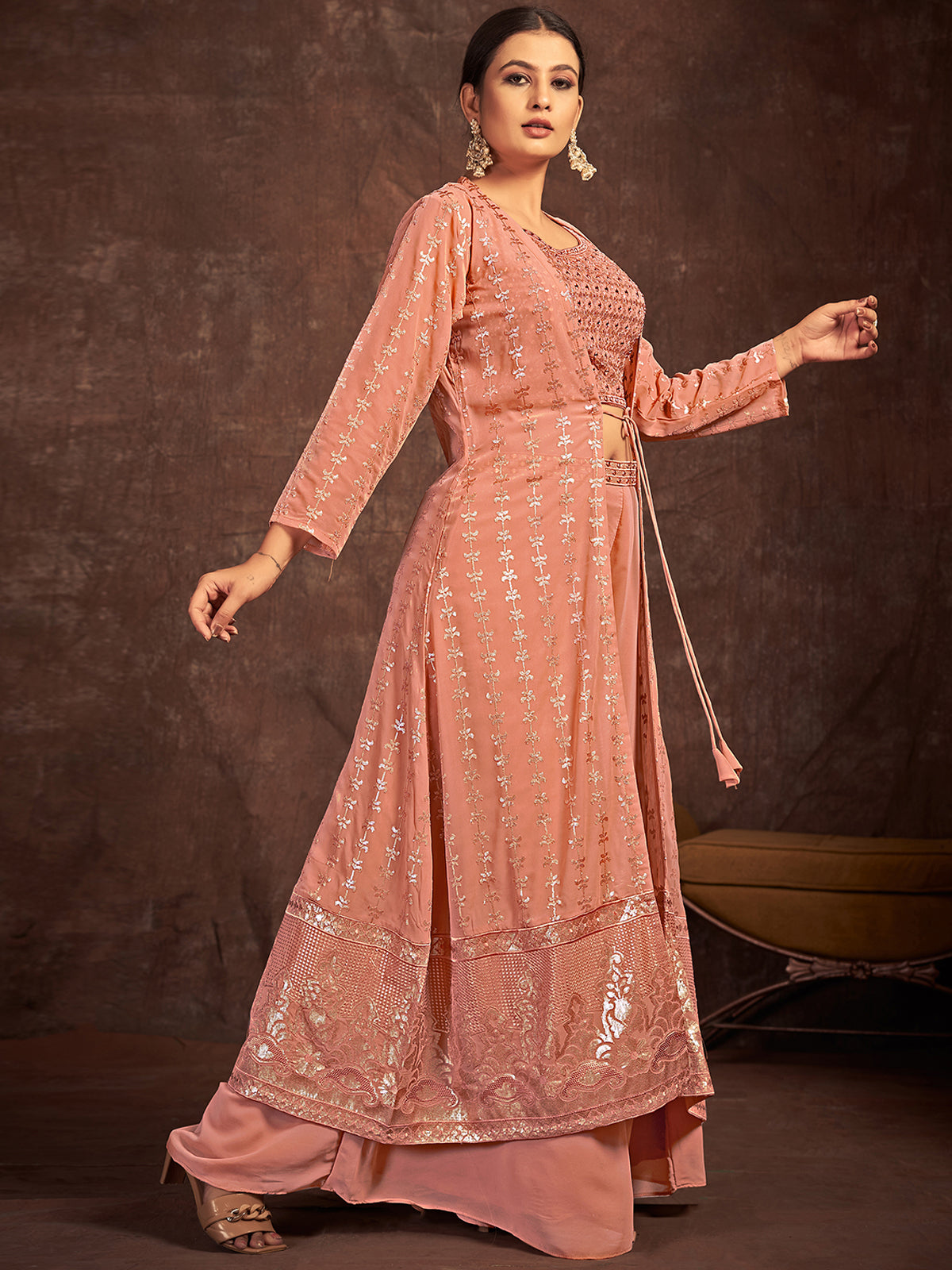 Peach Georgette Stitched Sequins Indo Western Clothsvilla