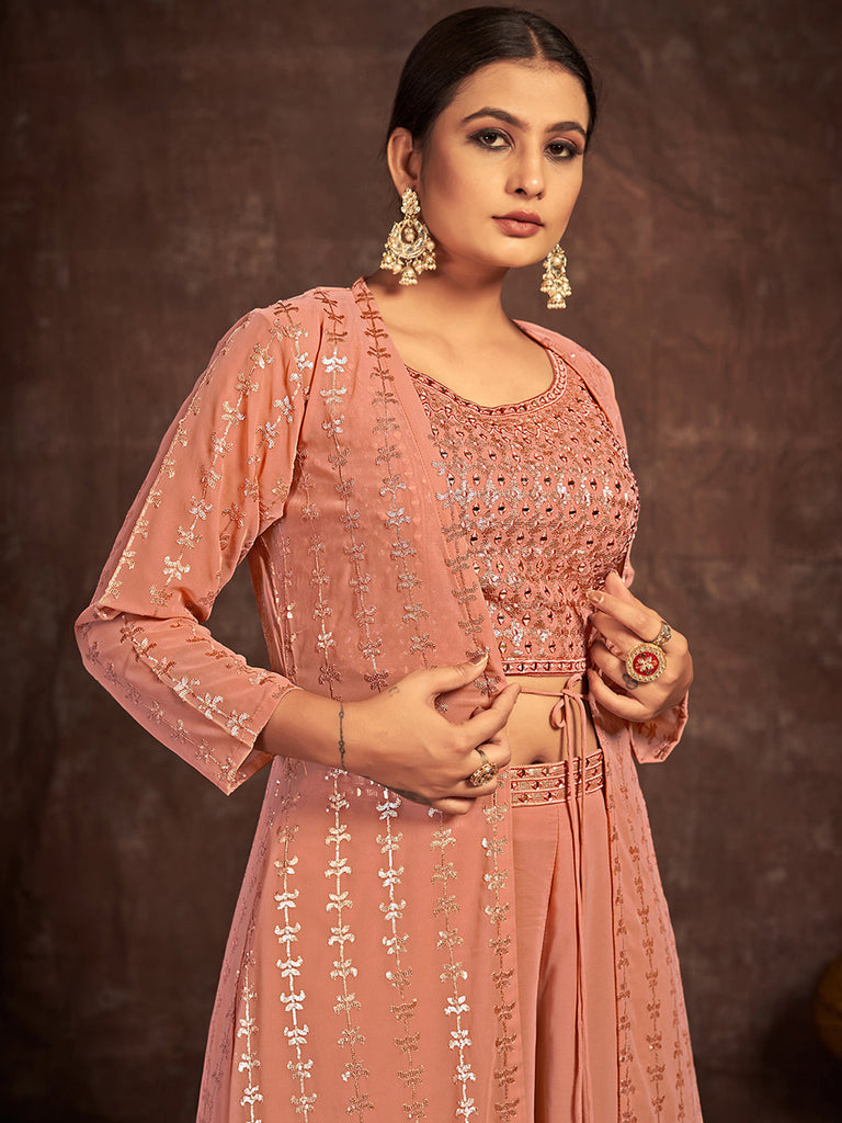 Peach Georgette Stitched Sequins Indo Western Clothsvilla