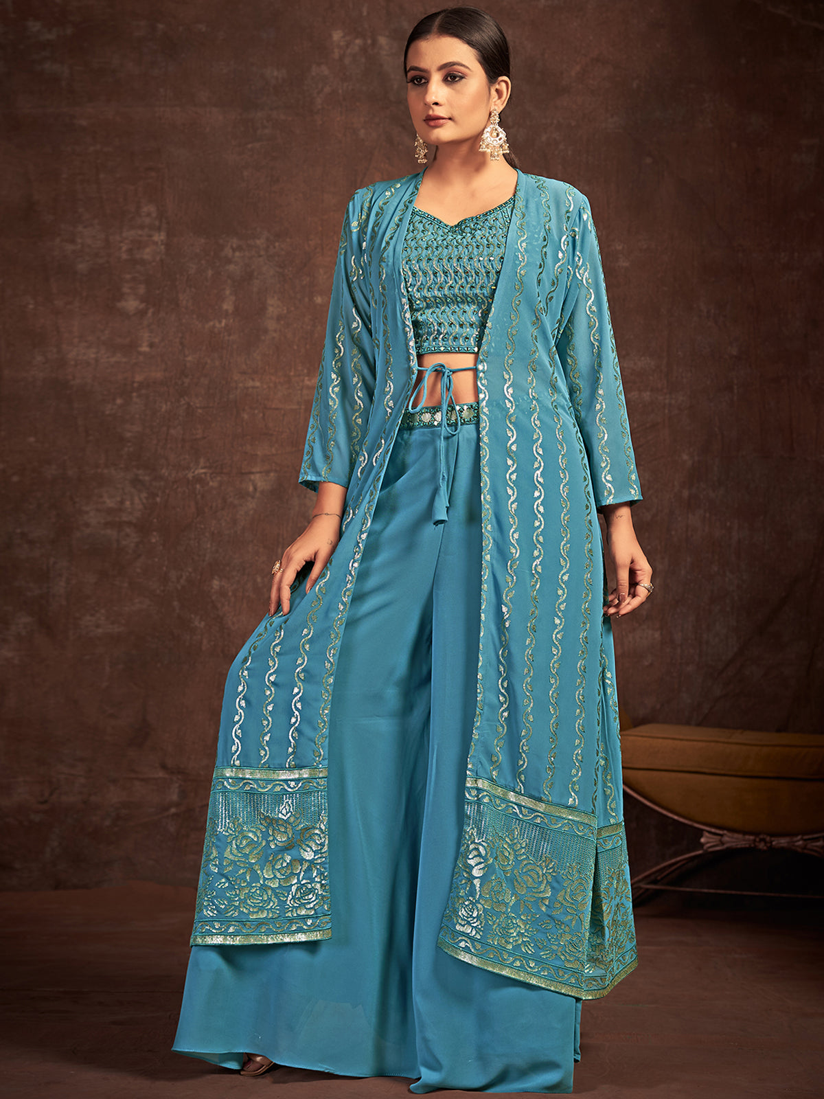 Teal Georgette Stitched Sequins Indo Western Clothsvilla