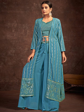 Teal Georgette Stitched Sequins Indo Western Clothsvilla