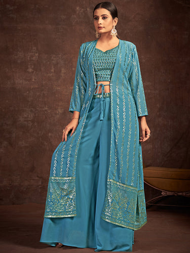 Teal Georgette Stitched Sequins Indo Western Clothsvilla