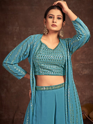 Teal Georgette Stitched Sequins Indo Western Clothsvilla