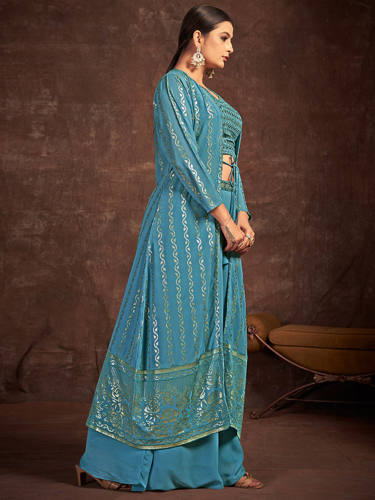 Teal Georgette Stitched Sequins Indo Western Clothsvilla