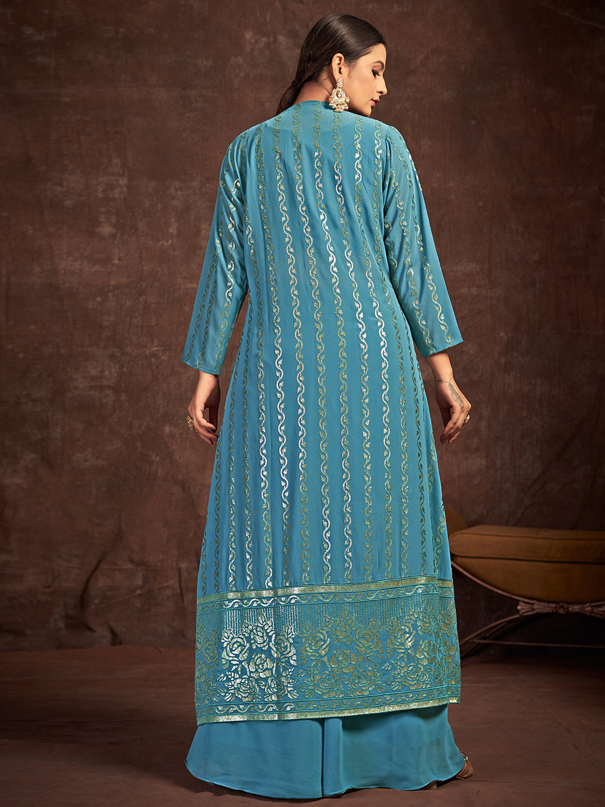 Teal Georgette Stitched Sequins Indo Western Clothsvilla