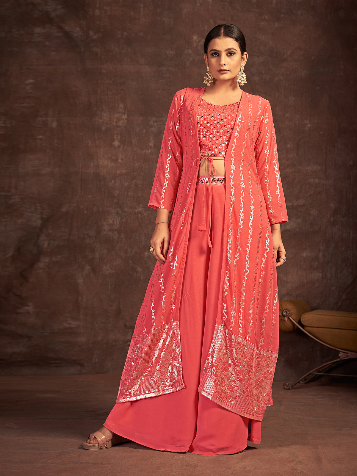 Orange Georgette Stitched Sequins Indo Western Clothsvilla