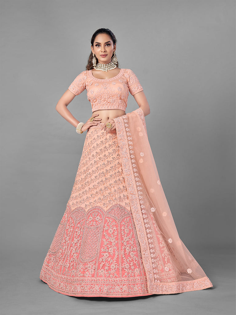 Peach Soft Net Semi Stitched Lehenga With Unstitched Blouse Clothsvilla