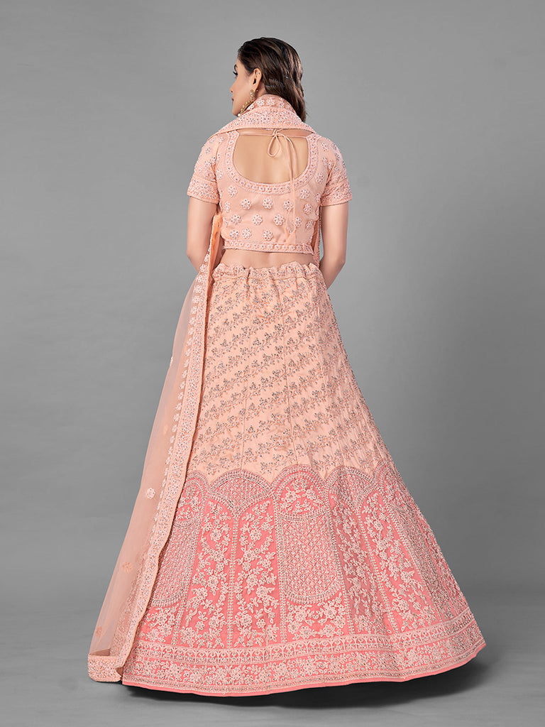 Peach Soft Net Semi Stitched Lehenga With Unstitched Blouse Clothsvilla