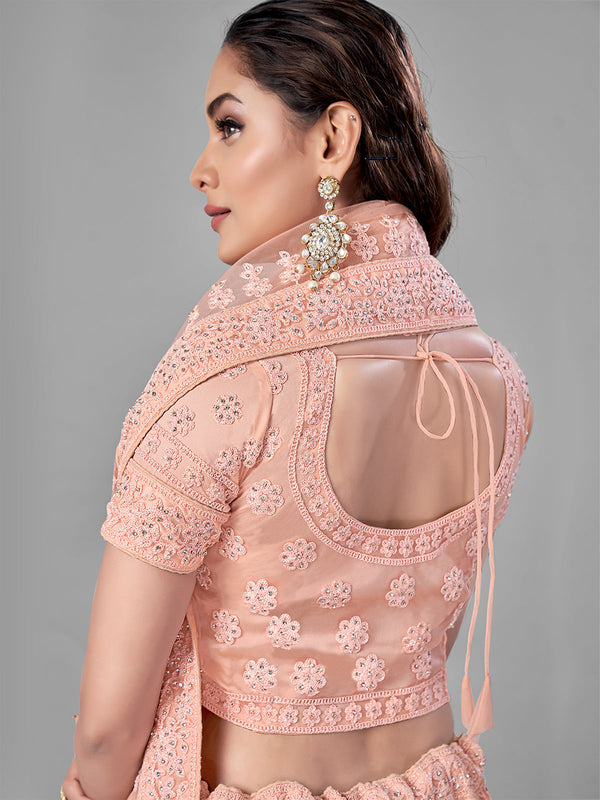 Peach Soft Net Semi Stitched Lehenga With Unstitched Blouse Clothsvilla