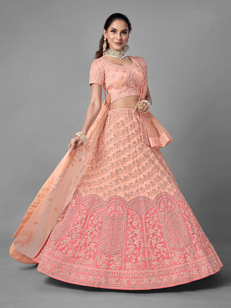 Peach Soft Net Semi Stitched Lehenga With Unstitched Blouse Clothsvilla