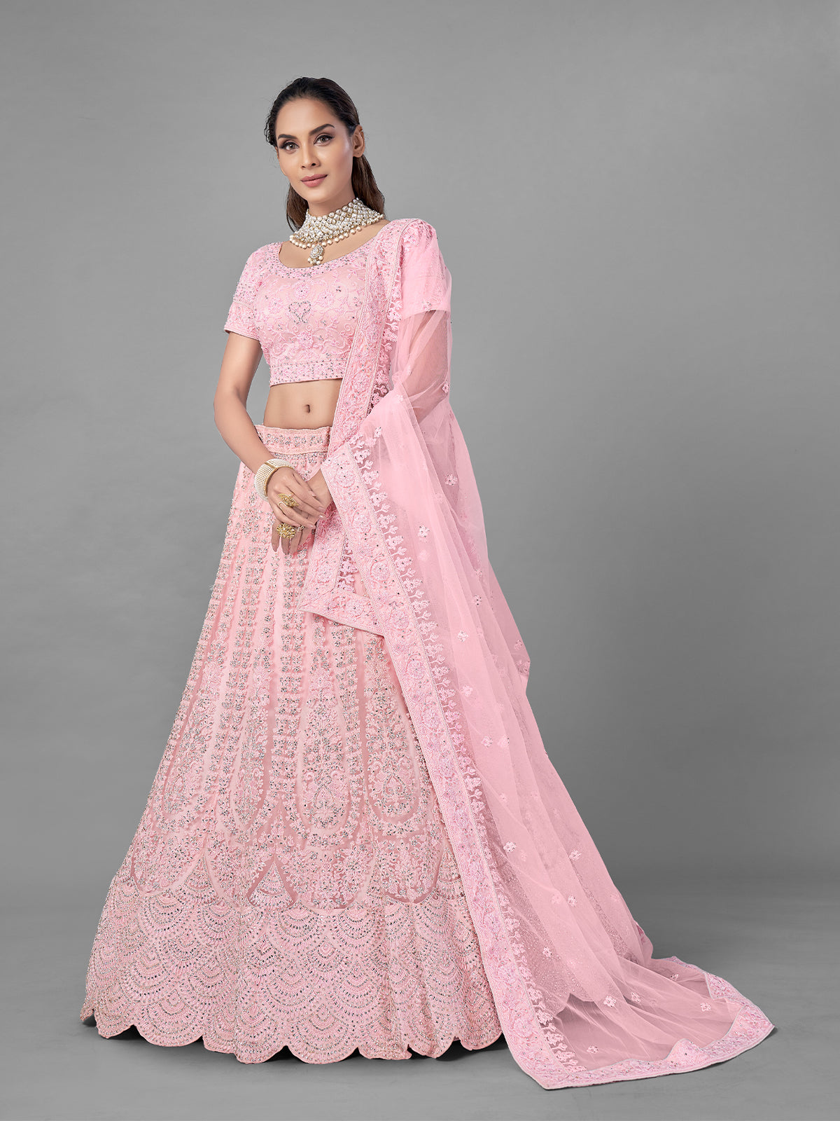 Pink Soft Net Semi Stitched Lehenga With Unstitched Blouse Clothsvilla Main image