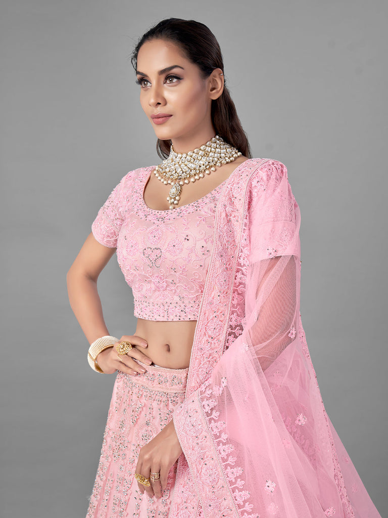 Pink Soft Net Semi Stitched Lehenga With Unstitched Blouse Clothsvilla