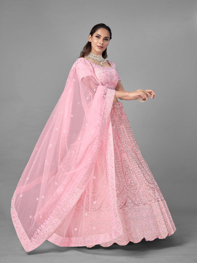 Pink Soft Net Semi Stitched Lehenga With Unstitched Blouse Clothsvilla