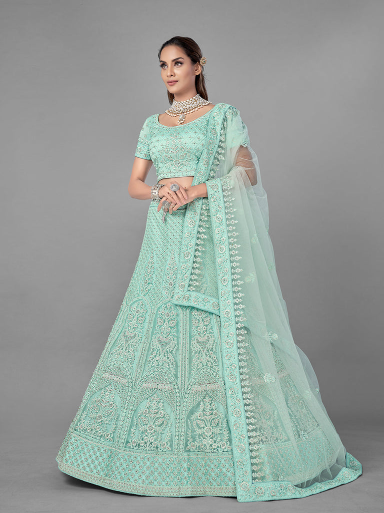 Sea Green Soft Net Semi Stitched Lehenga With Unstitched Blouse Clothsvilla