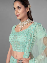 Load image into Gallery viewer, Sea Green Soft Net Semi Stitched Lehenga With Unstitched Blouse Clothsvilla