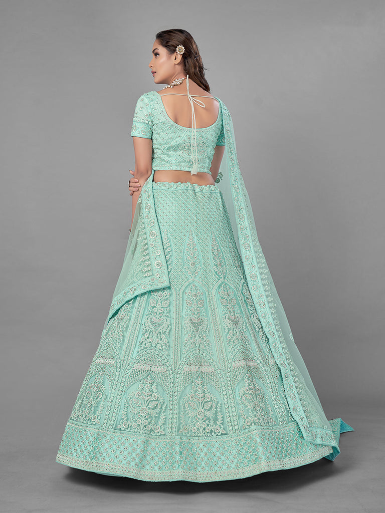 Sea Green Soft Net Semi Stitched Lehenga With Unstitched Blouse Clothsvilla