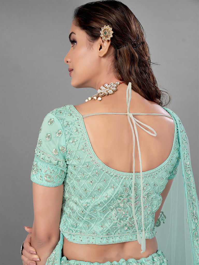 Sea Green Soft Net Semi Stitched Lehenga With Unstitched Blouse Clothsvilla