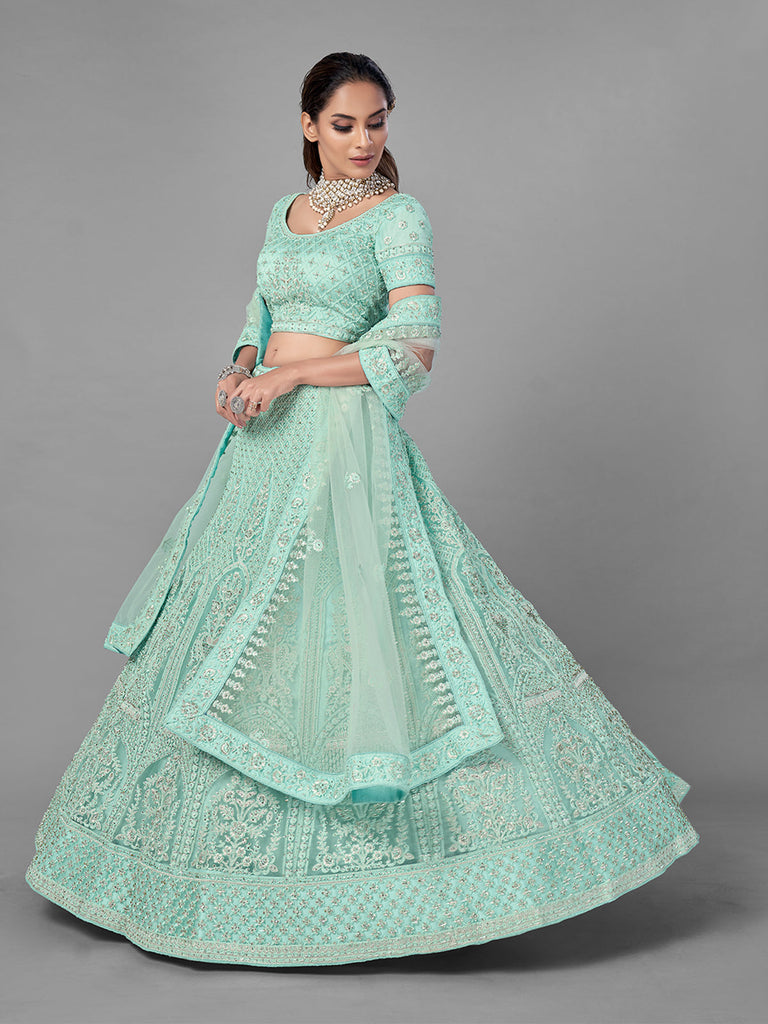 Sea Green Soft Net Semi Stitched Lehenga With Unstitched Blouse Clothsvilla