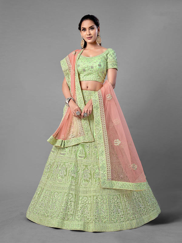 Green Embroidered Soft Net Semi Stitched Lehenga With Unstitched Blouse Clothsvilla