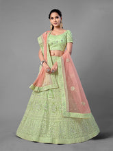 Load image into Gallery viewer, Green Embroidered Soft Net Semi Stitched Lehenga With Unstitched Blouse Clothsvilla