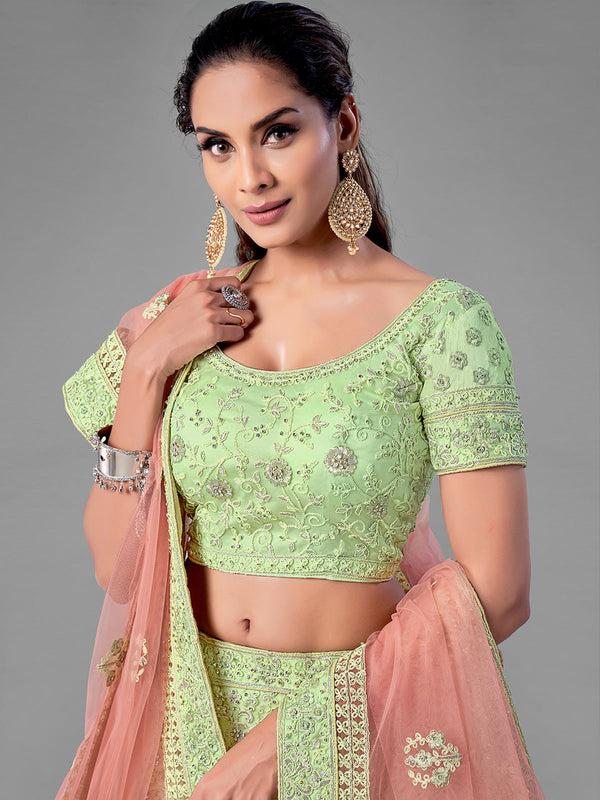 Green Embroidered Soft Net Semi Stitched Lehenga With Unstitched Blouse Clothsvilla