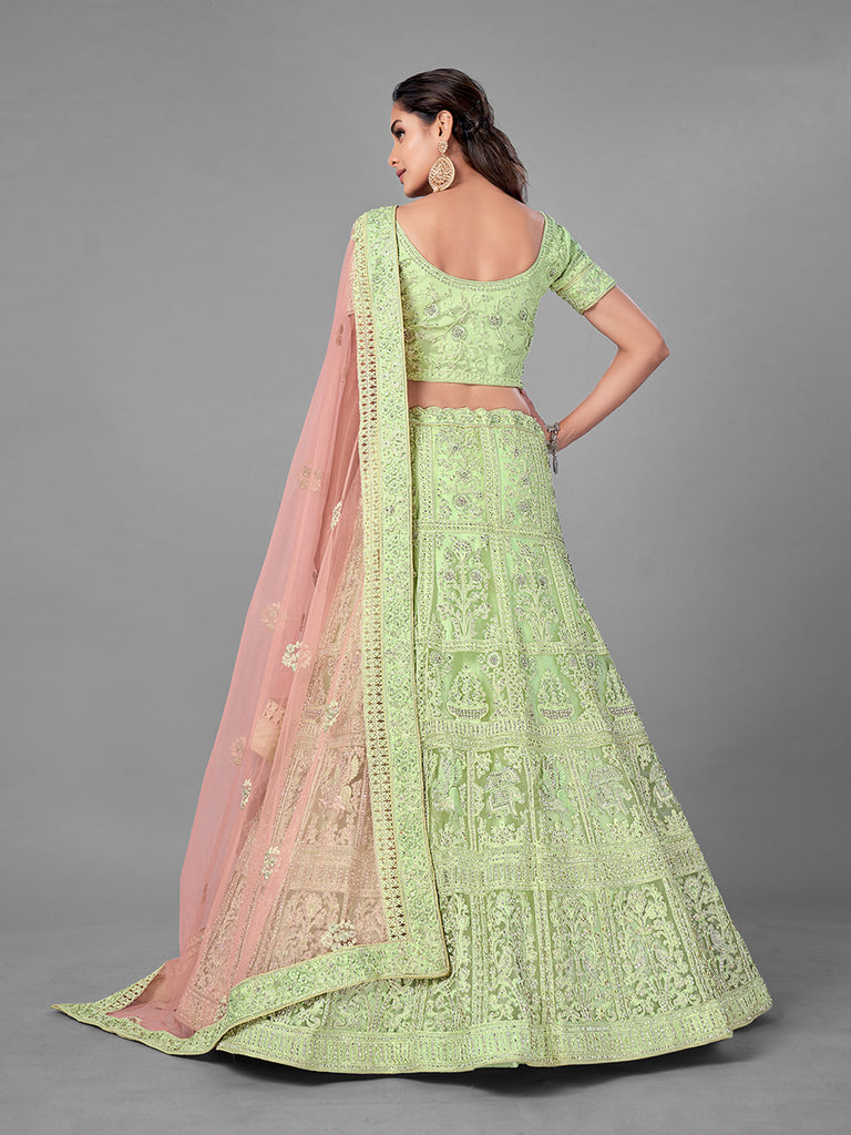 Green Embroidered Soft Net Semi Stitched Lehenga With Unstitched Blouse Clothsvilla