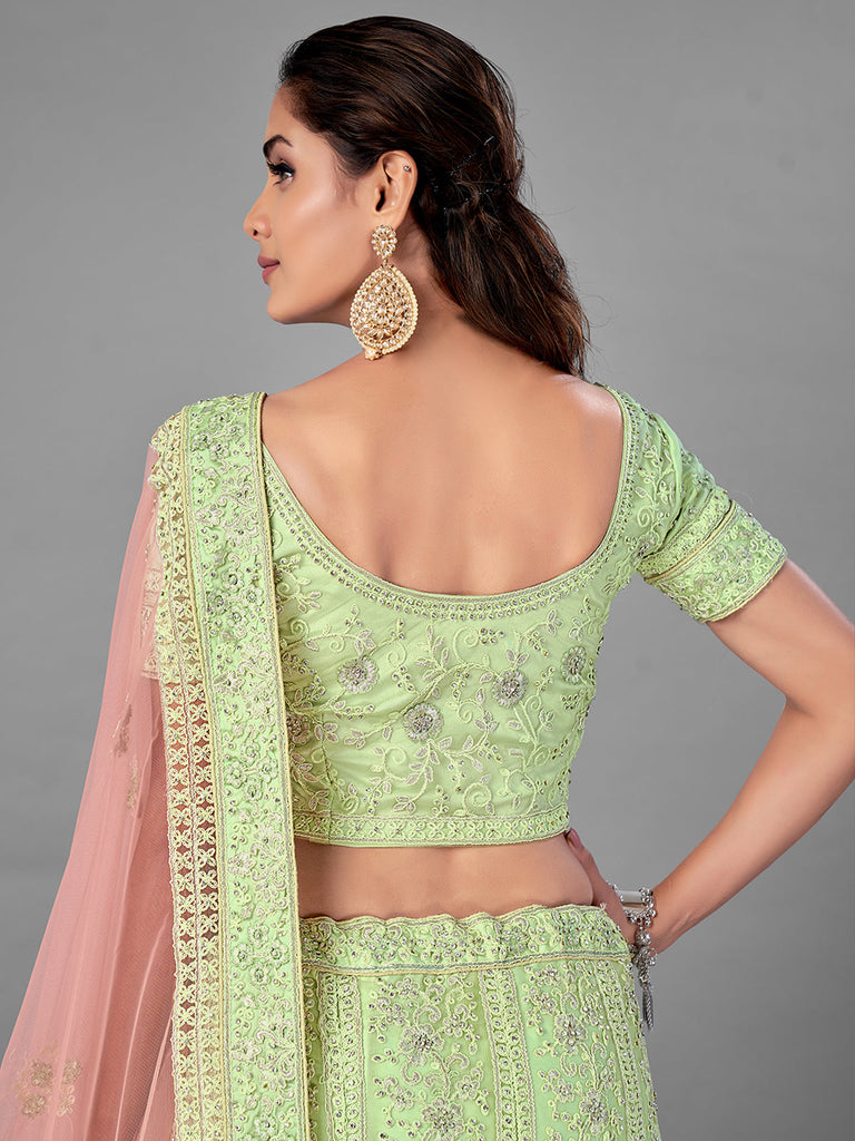 Green Embroidered Soft Net Semi Stitched Lehenga With Unstitched Blouse Clothsvilla