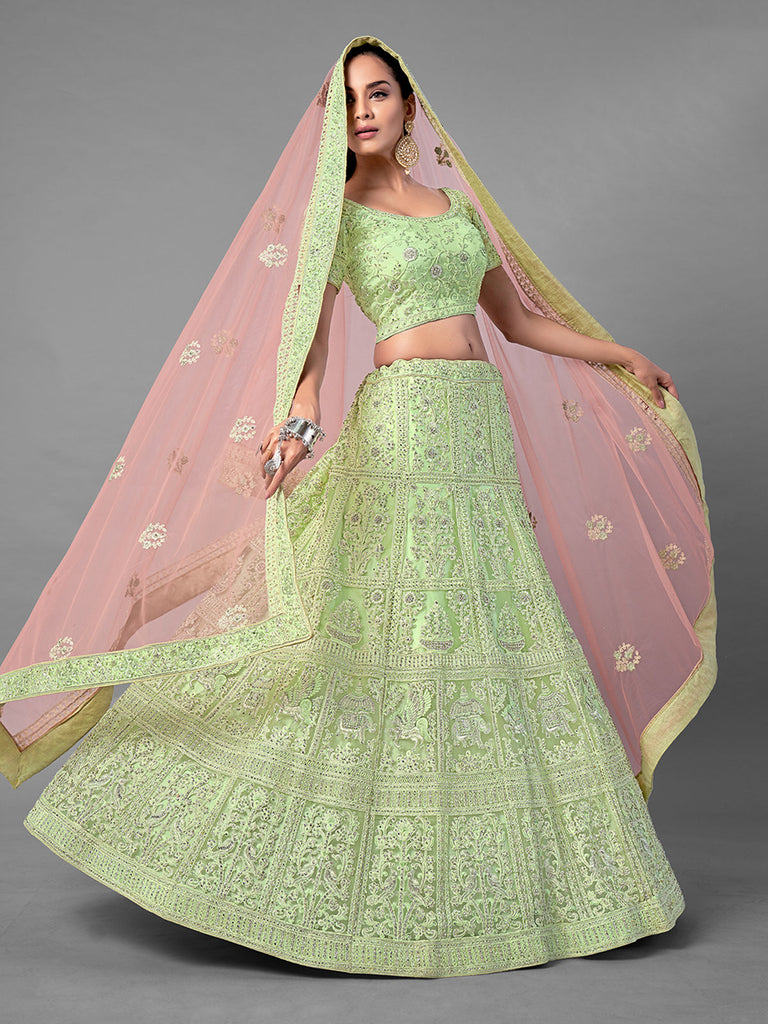 Green Embroidered Soft Net Semi Stitched Lehenga With Unstitched Blouse Clothsvilla