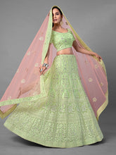 Load image into Gallery viewer, Green Embroidered Soft Net Semi Stitched Lehenga With Unstitched Blouse Clothsvilla
