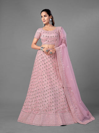 Pink Embroidered Semi Stitched Lehenga With Unstitched Blouse Clothsvilla