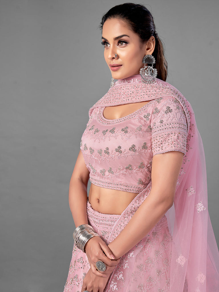 Pink Embroidered Semi Stitched Lehenga With Unstitched Blouse Clothsvilla