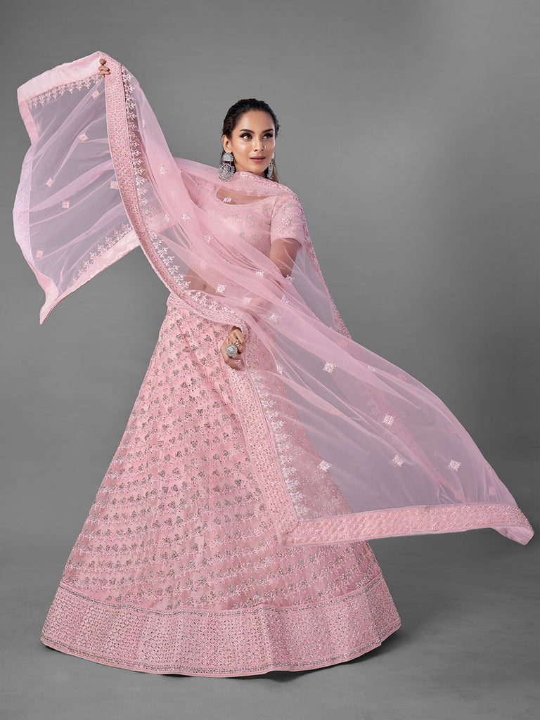 Pink Embroidered Semi Stitched Lehenga With Unstitched Blouse Clothsvilla