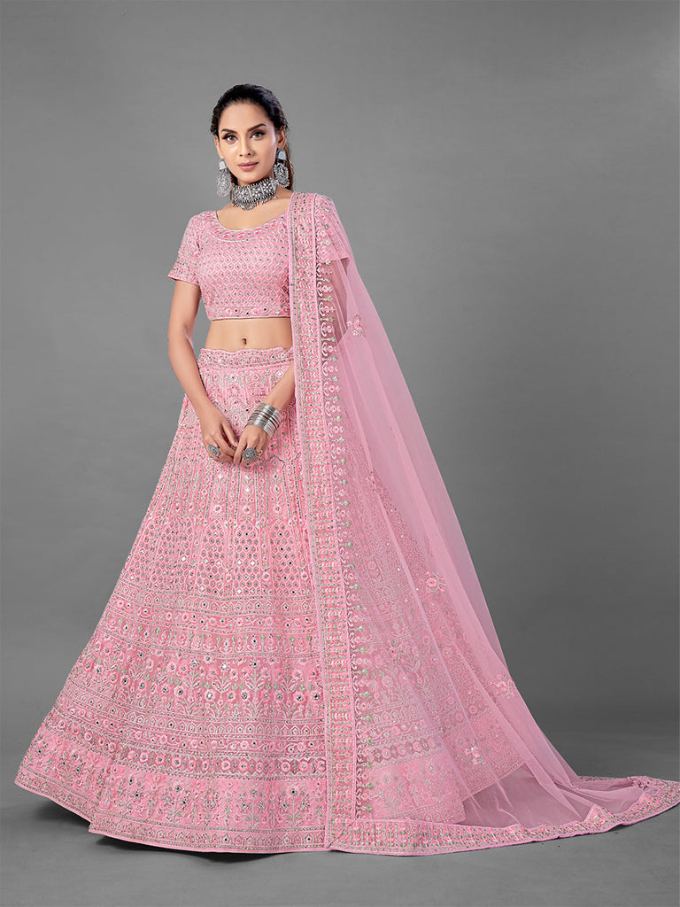 Pink Soft Net Semi Stitched Lehenga With Unstitched Blouse Clothsvilla