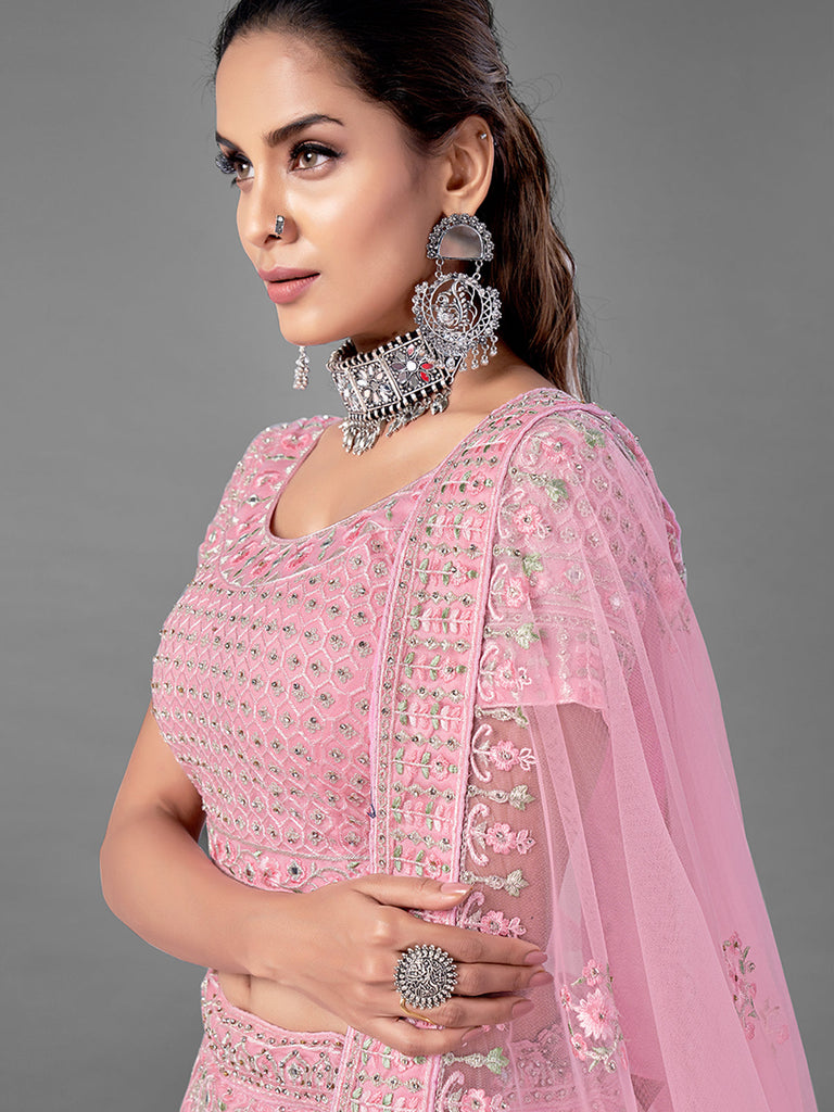 Pink Soft Net Semi Stitched Lehenga With Unstitched Blouse Clothsvilla