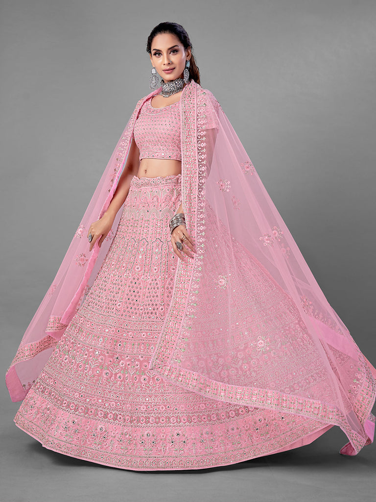 Pink Soft Net Semi Stitched Lehenga With Unstitched Blouse Clothsvilla