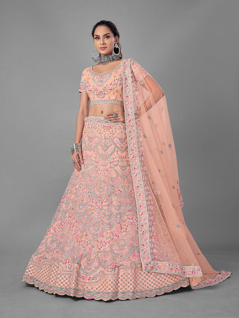 Peach Embroidered Soft Net Semi Stitched Lehenga With Unstitched Blouse Clothsvilla