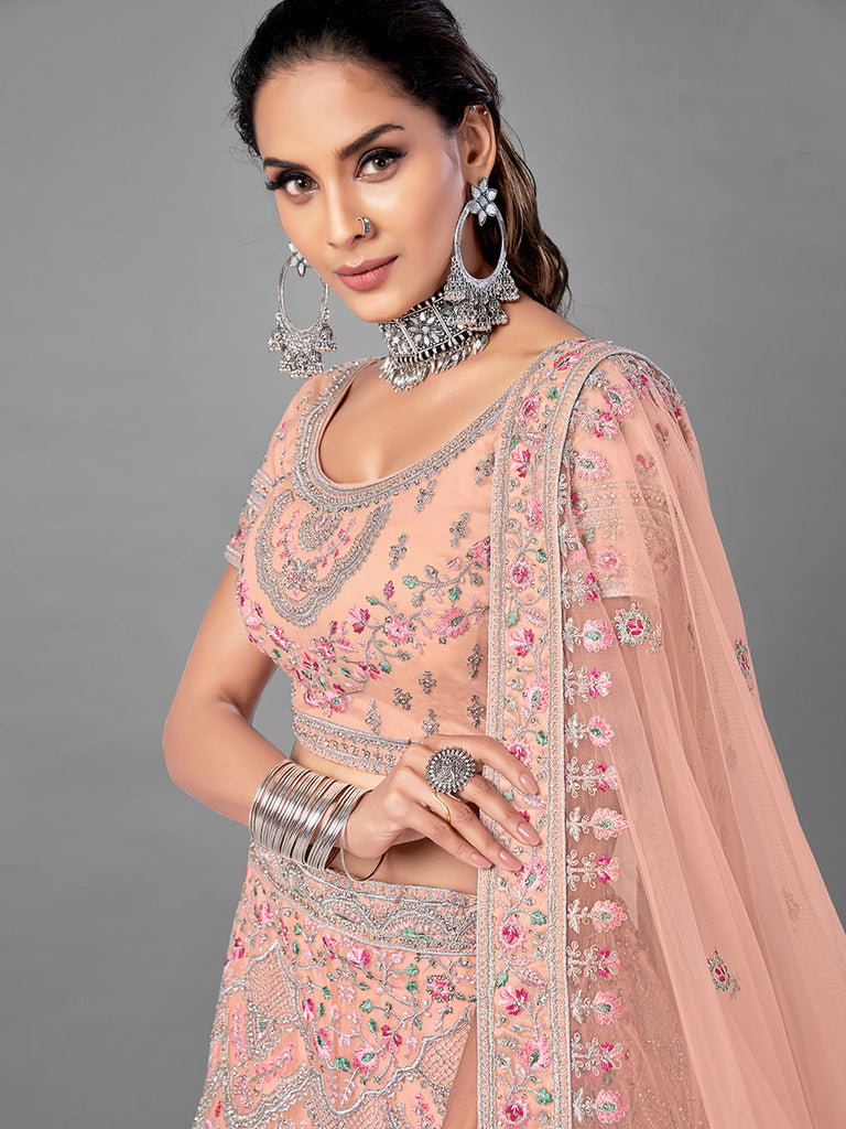 Peach Embroidered Soft Net Semi Stitched Lehenga With Unstitched Blouse Clothsvilla