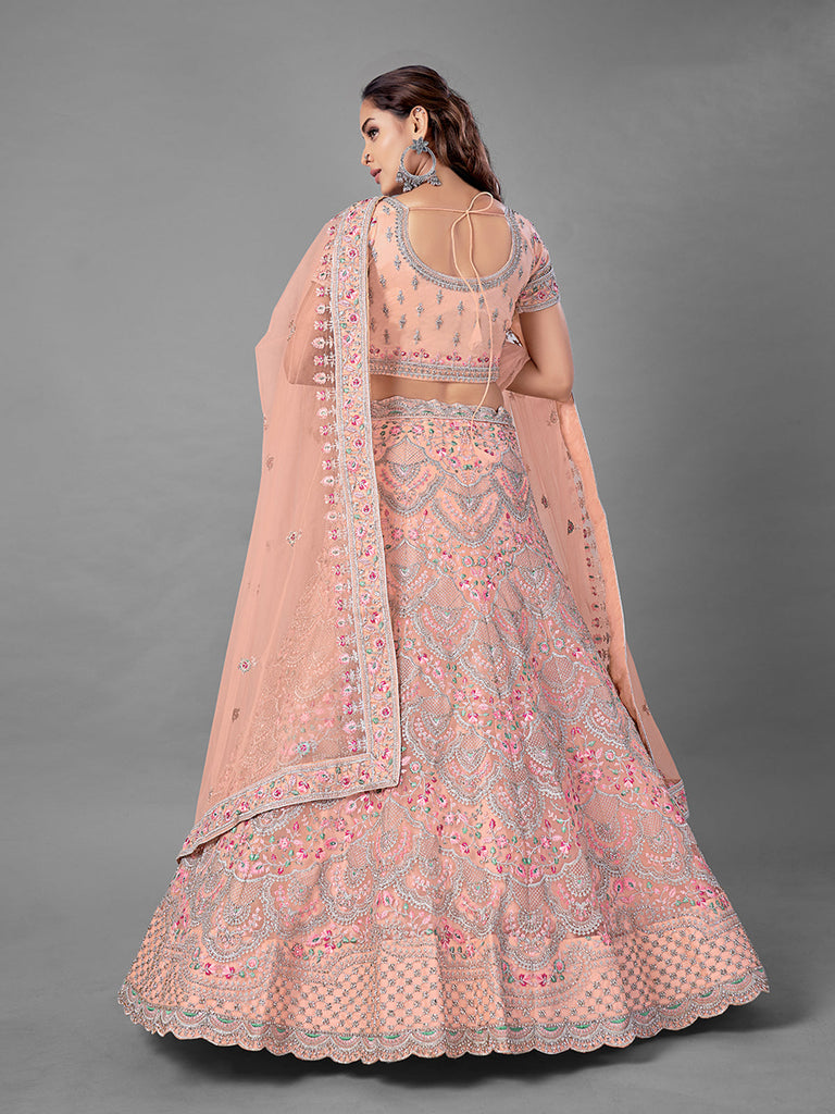 Peach Embroidered Soft Net Semi Stitched Lehenga With Unstitched Blouse Clothsvilla