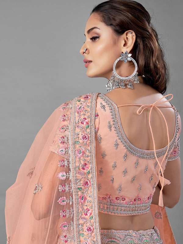 Peach Embroidered Soft Net Semi Stitched Lehenga With Unstitched Blouse Clothsvilla