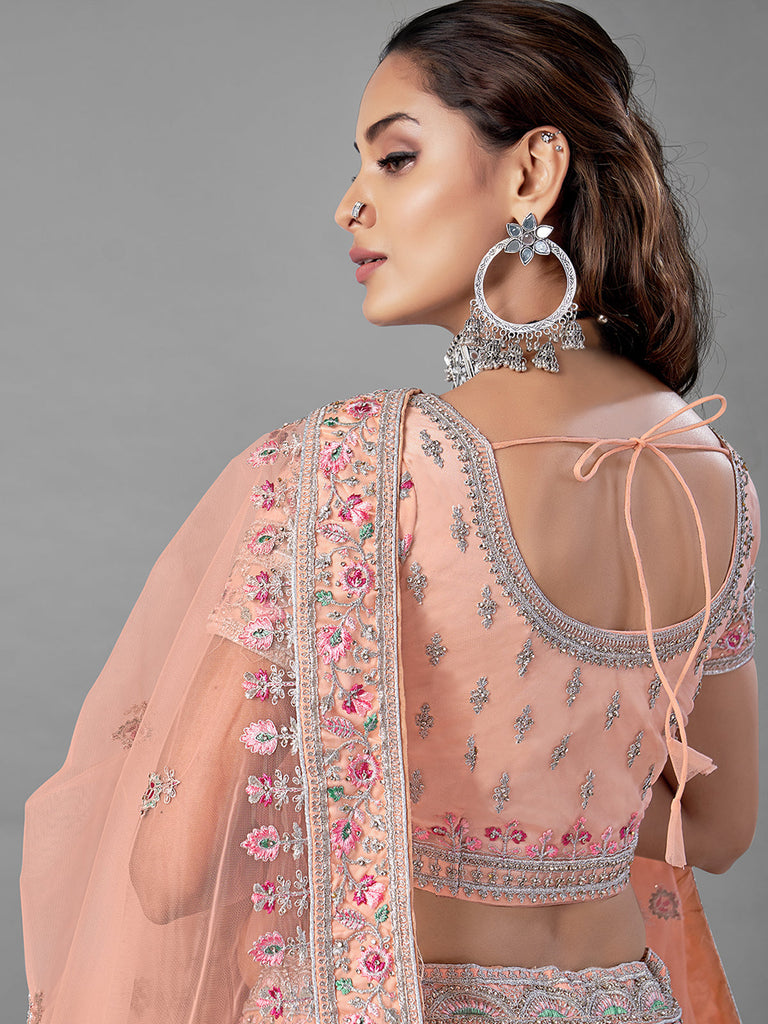 Peach Embroidered Soft Net Semi Stitched Lehenga With Unstitched Blouse Clothsvilla