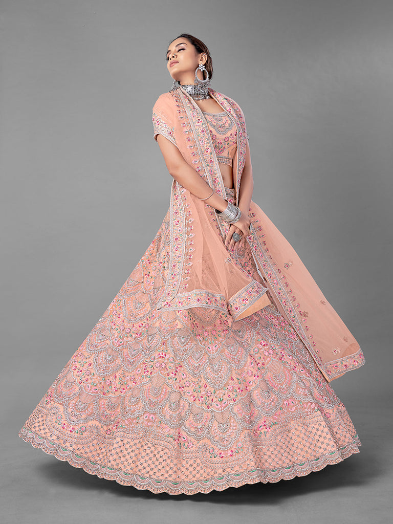 Peach Embroidered Soft Net Semi Stitched Lehenga With Unstitched Blouse Clothsvilla