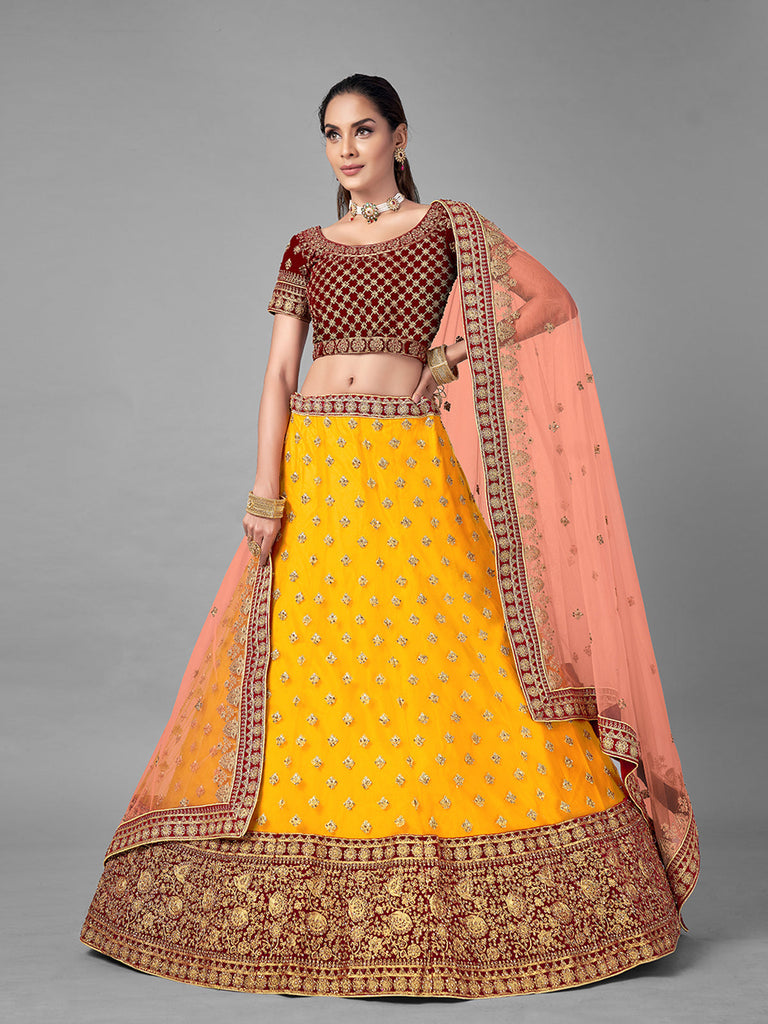 Mustard Embroidered Velvet Semi Stitched Lehenga With Unstitched Blouse Clothsvilla